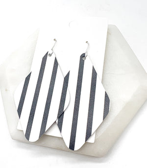 Black White Striped Leather Diamond Earrings