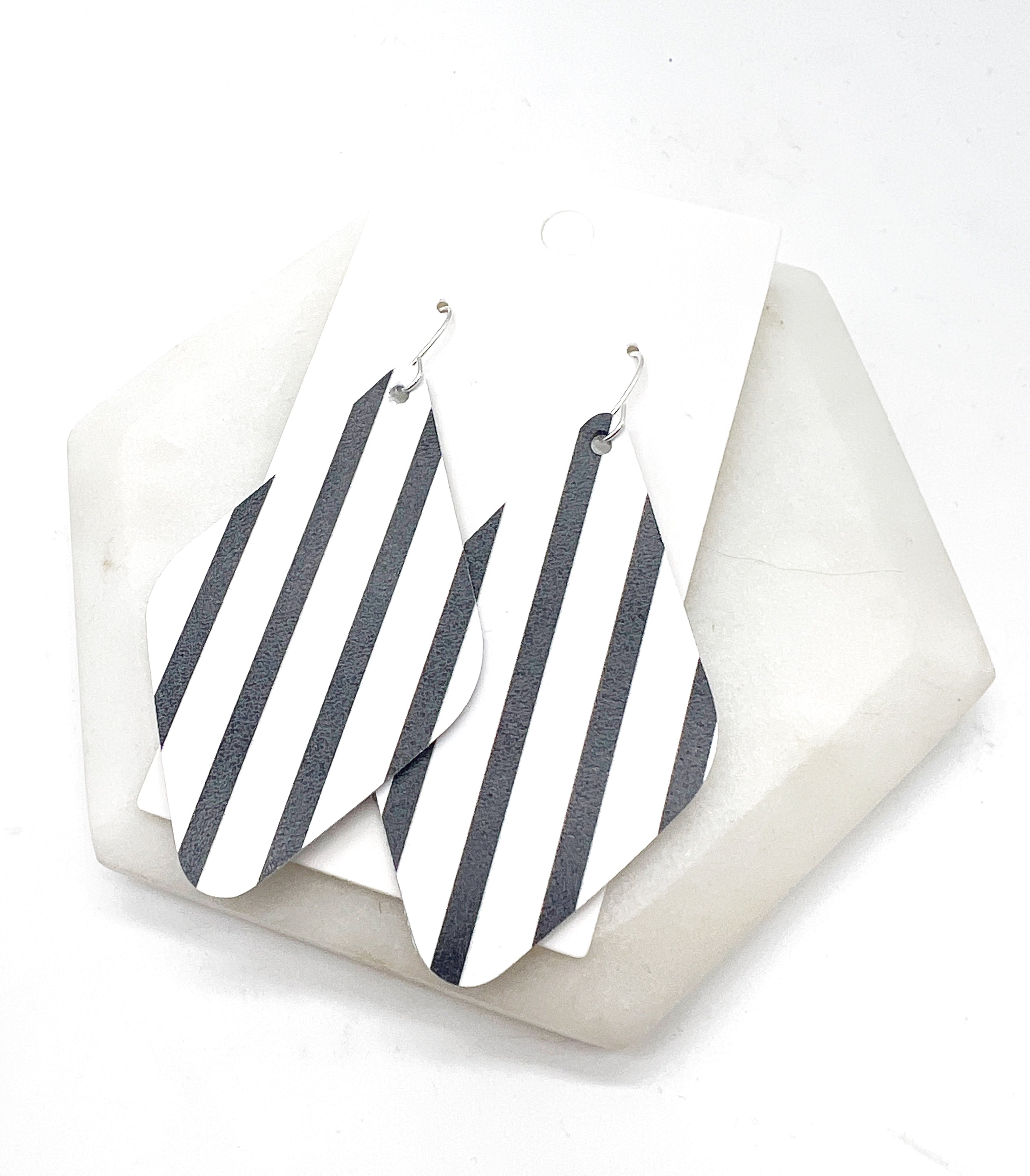 Black White Striped Leather Diamond Earrings
