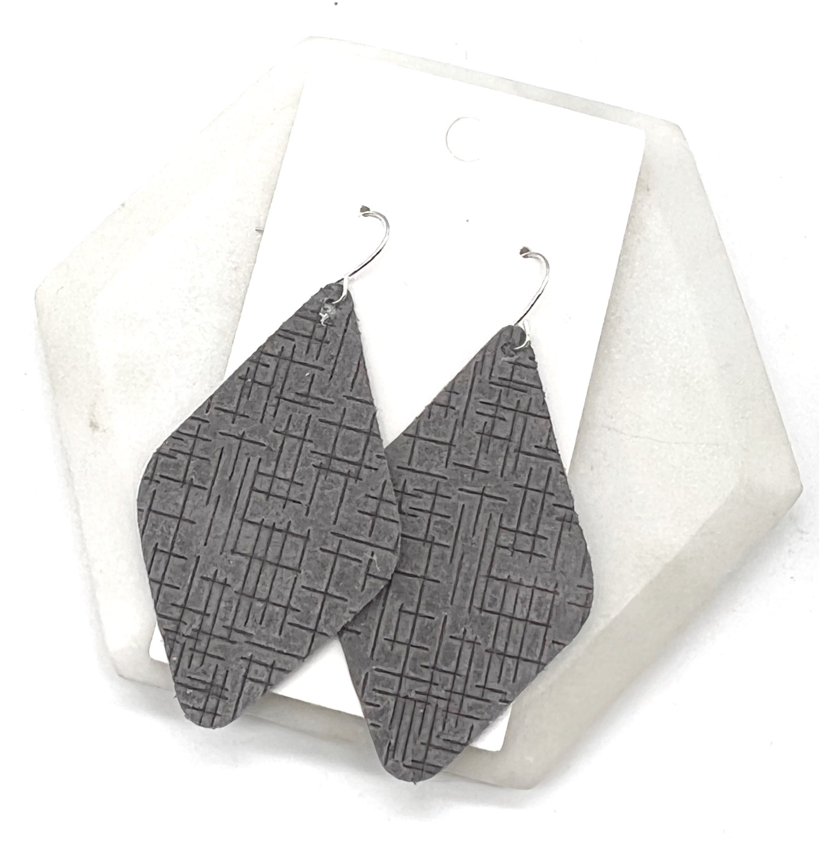 Grey Etched Leather Diamond Earrings