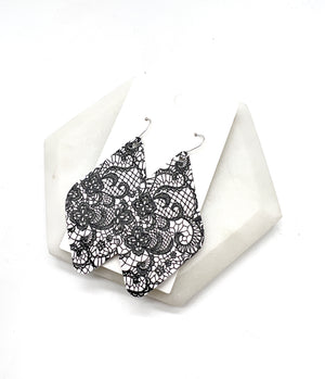 Black and White Lace Leather Diamond Earrings