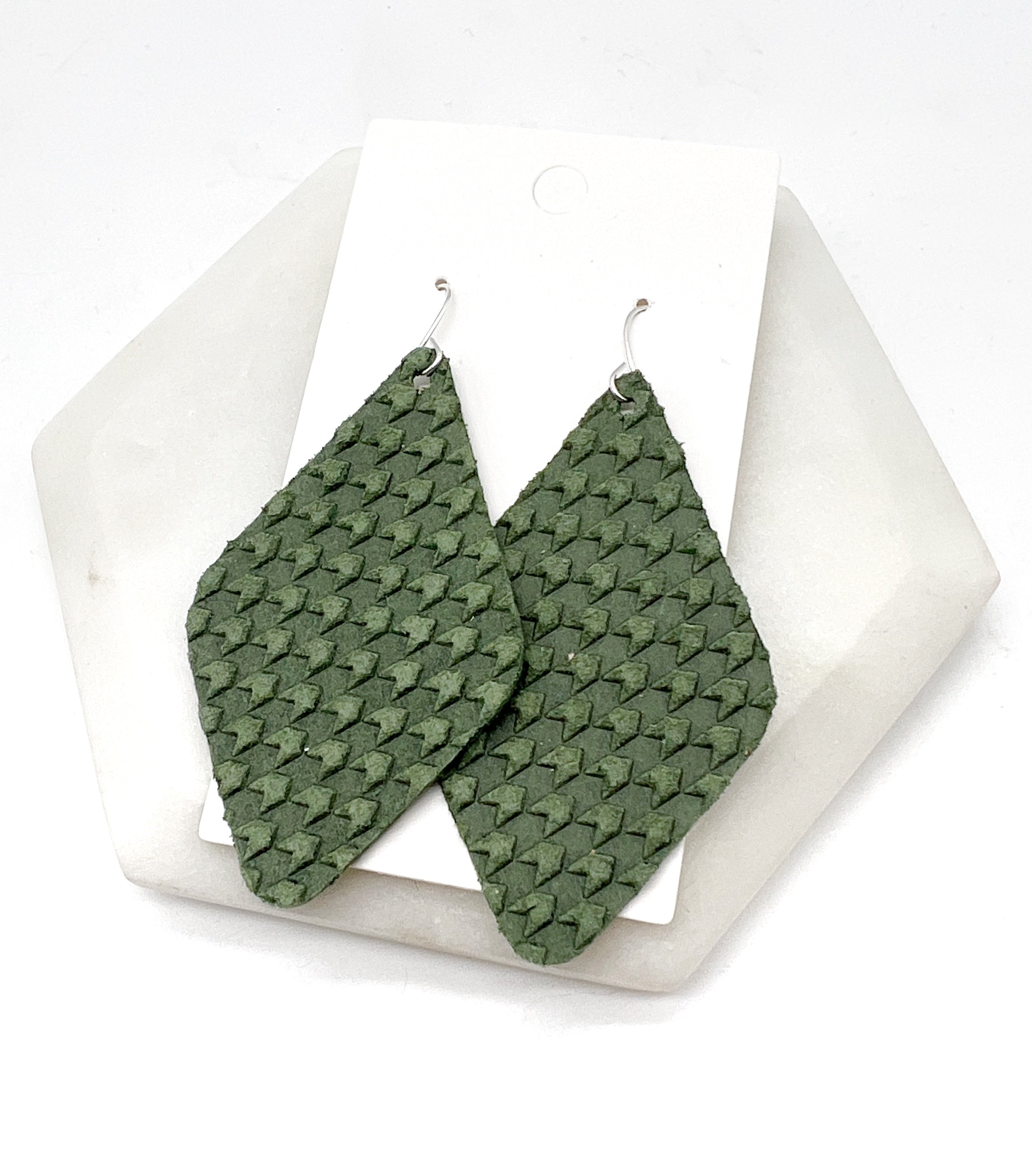 Olive Green Embossed Leather Diamond Earring