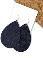 Navy Blue Shimmer Leather Teardrop Earrings