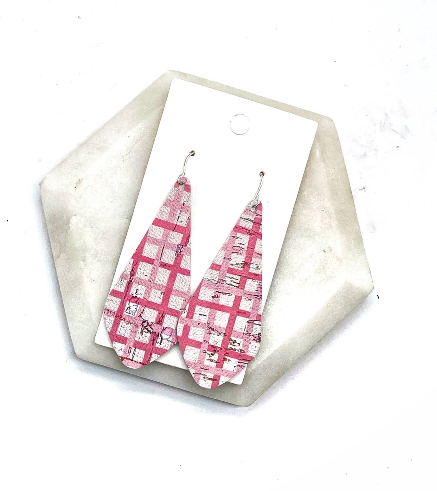 Pink Plaid The Em Cork Bonded to Leather Earrings