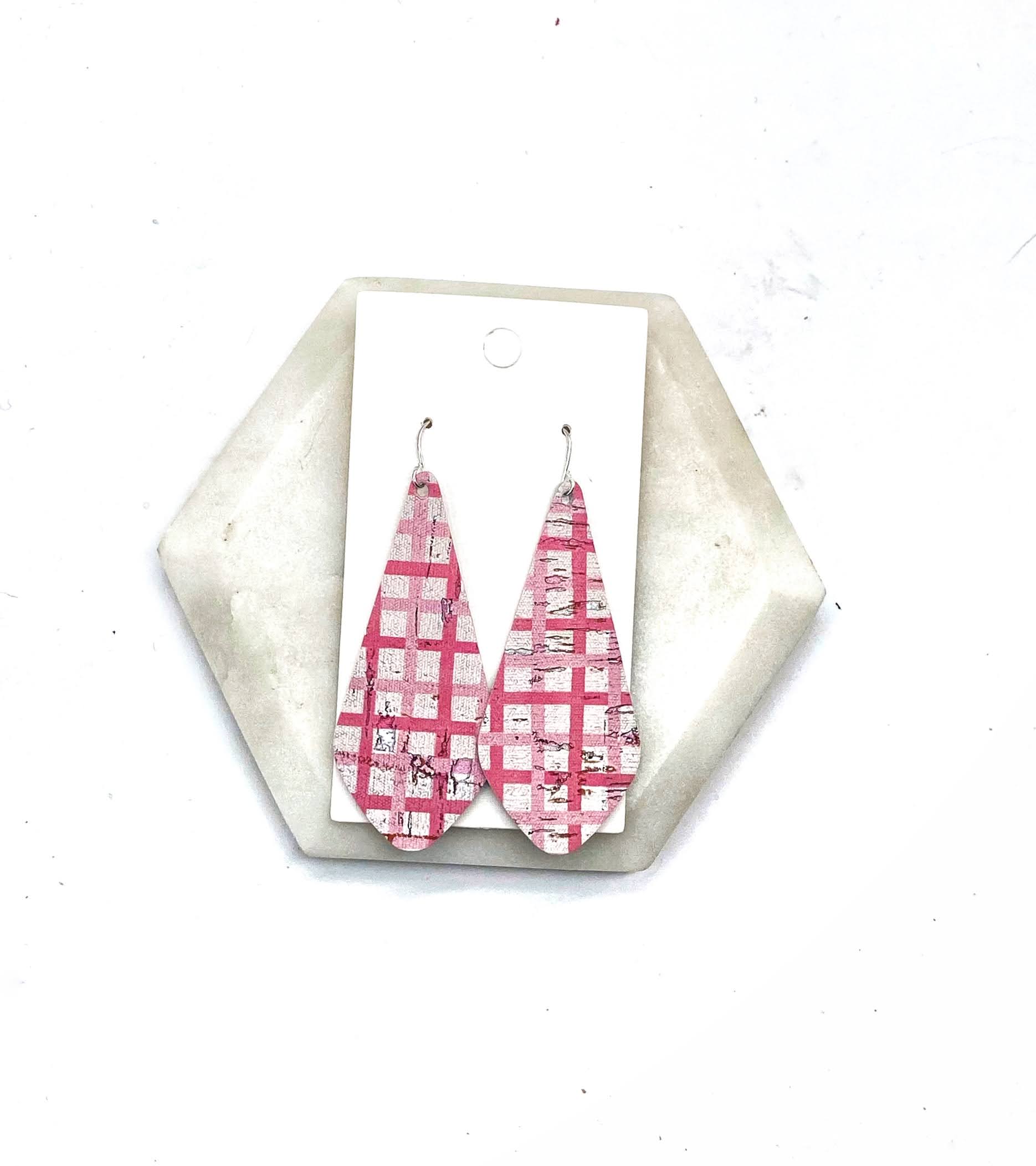 Pink Plaid The Em Cork Bonded to Leather Earrings