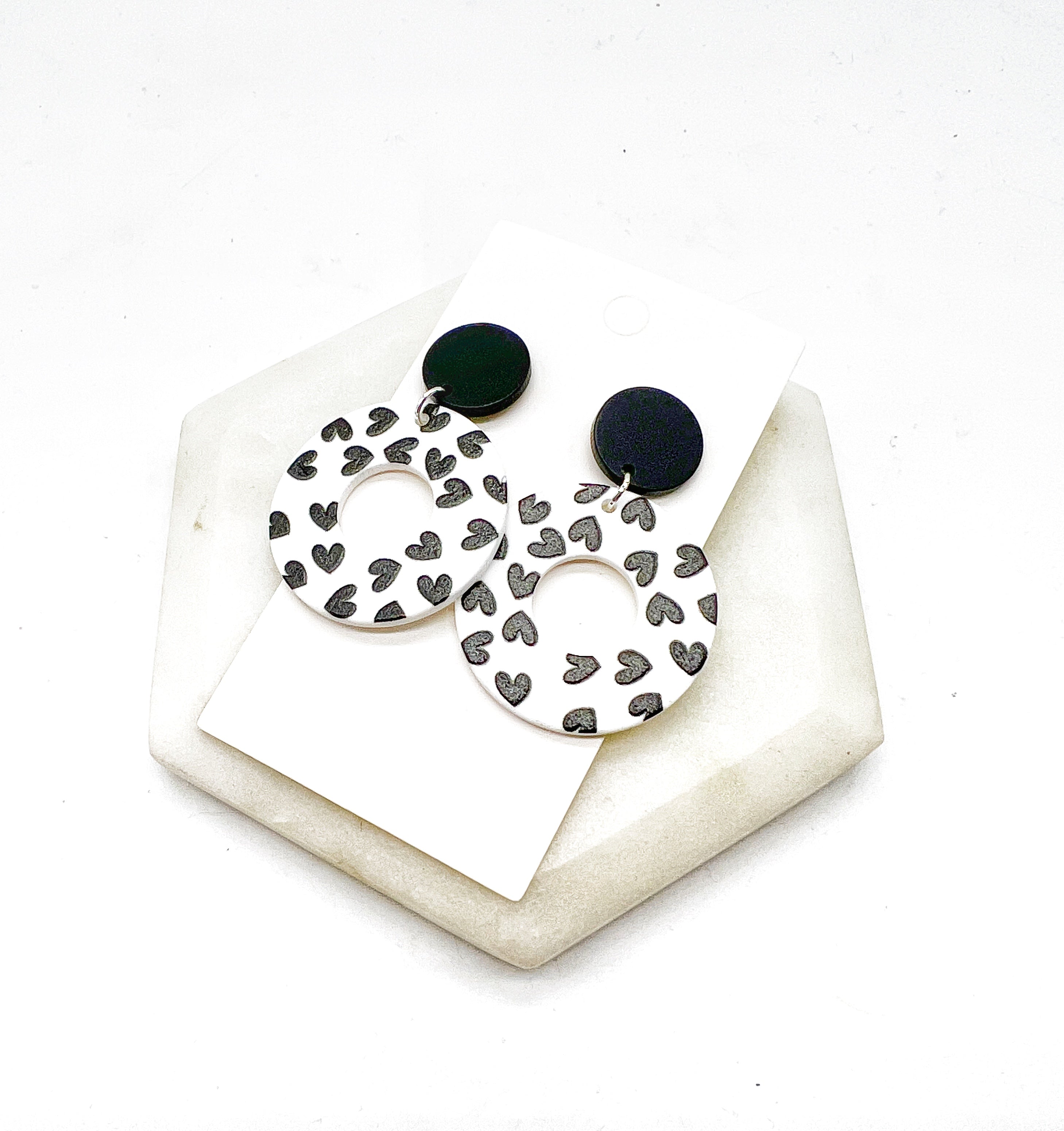 Black White Heart Disc Acrylic Earrings