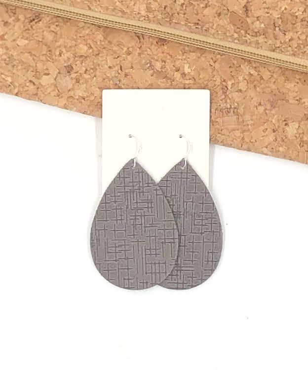 Grey Etched Leather Teardrop Earrings