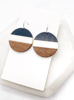 Black White Stripe Wood Disc Earrings