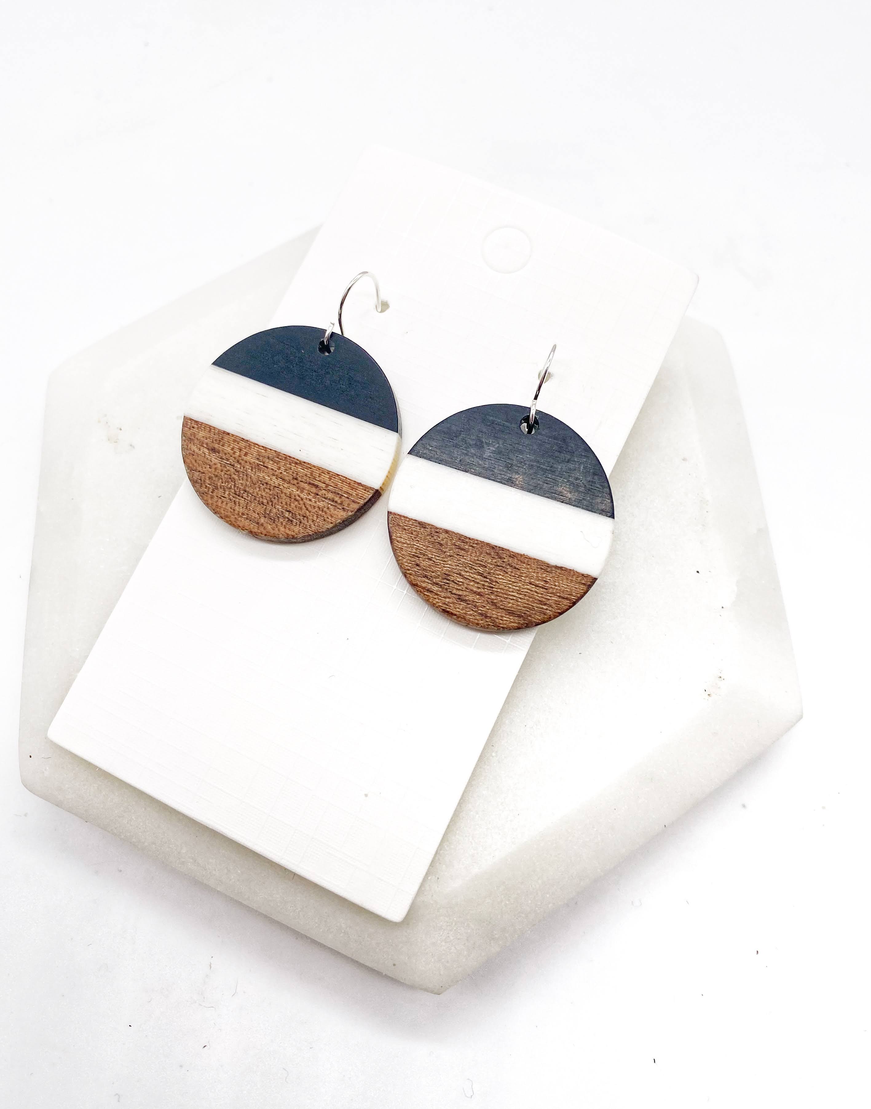 Black White Stripe Wood Disc Earrings