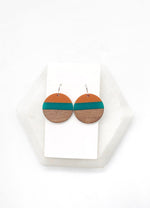 Teal Orange Stripe Wood Disc Earrings