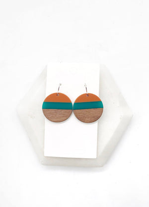 Teal Orange Stripe Wood Disc Earrings