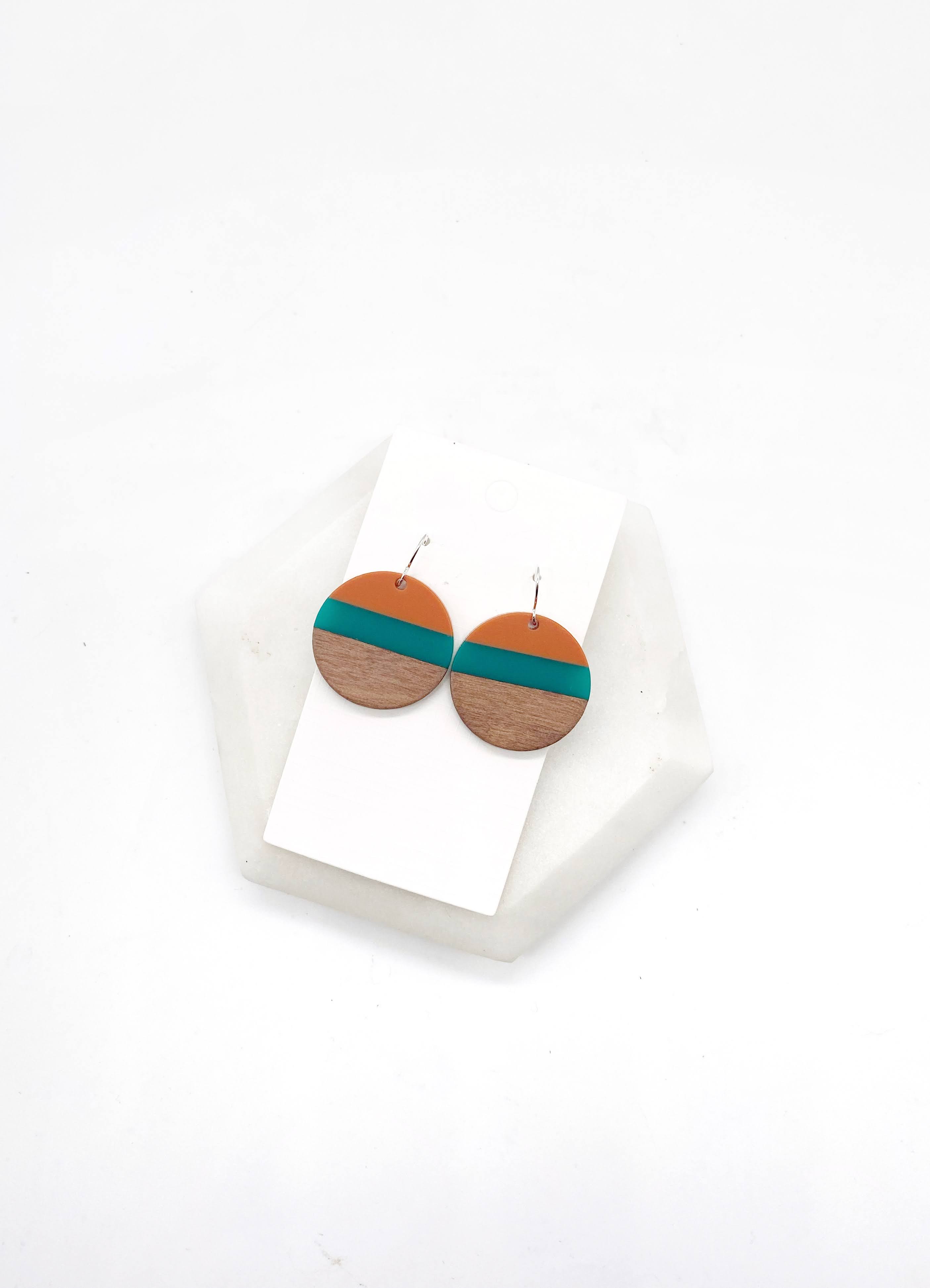 Teal Orange Stripe Wood Disc Earrings