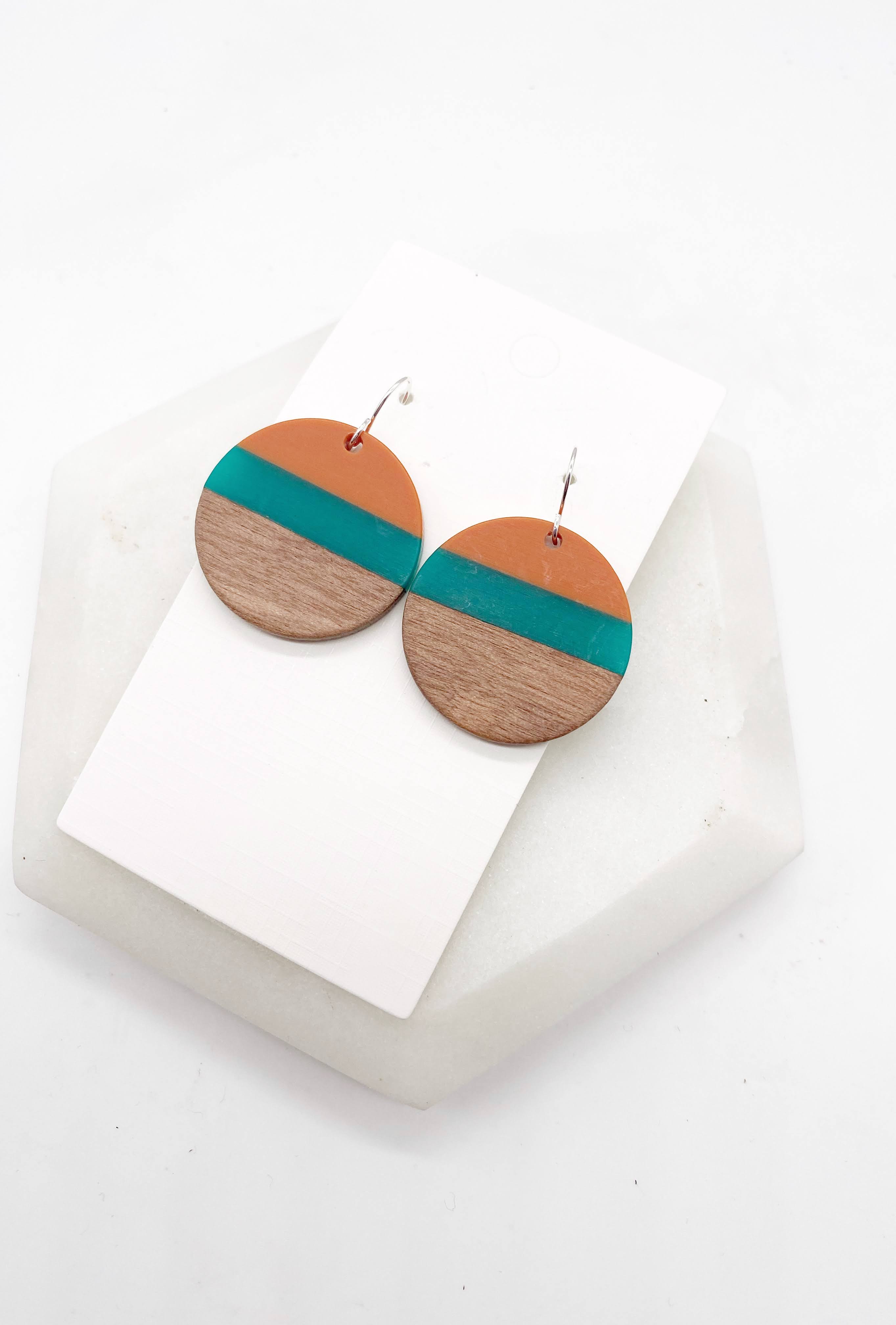 Teal Orange Stripe Wood Disc Earrings