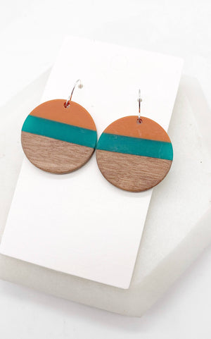 Teal Orange Stripe Wood Disc Earrings