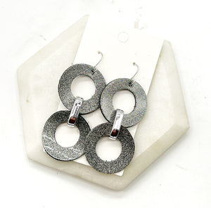 Grey Glitter Leather Circle Duo Earrings