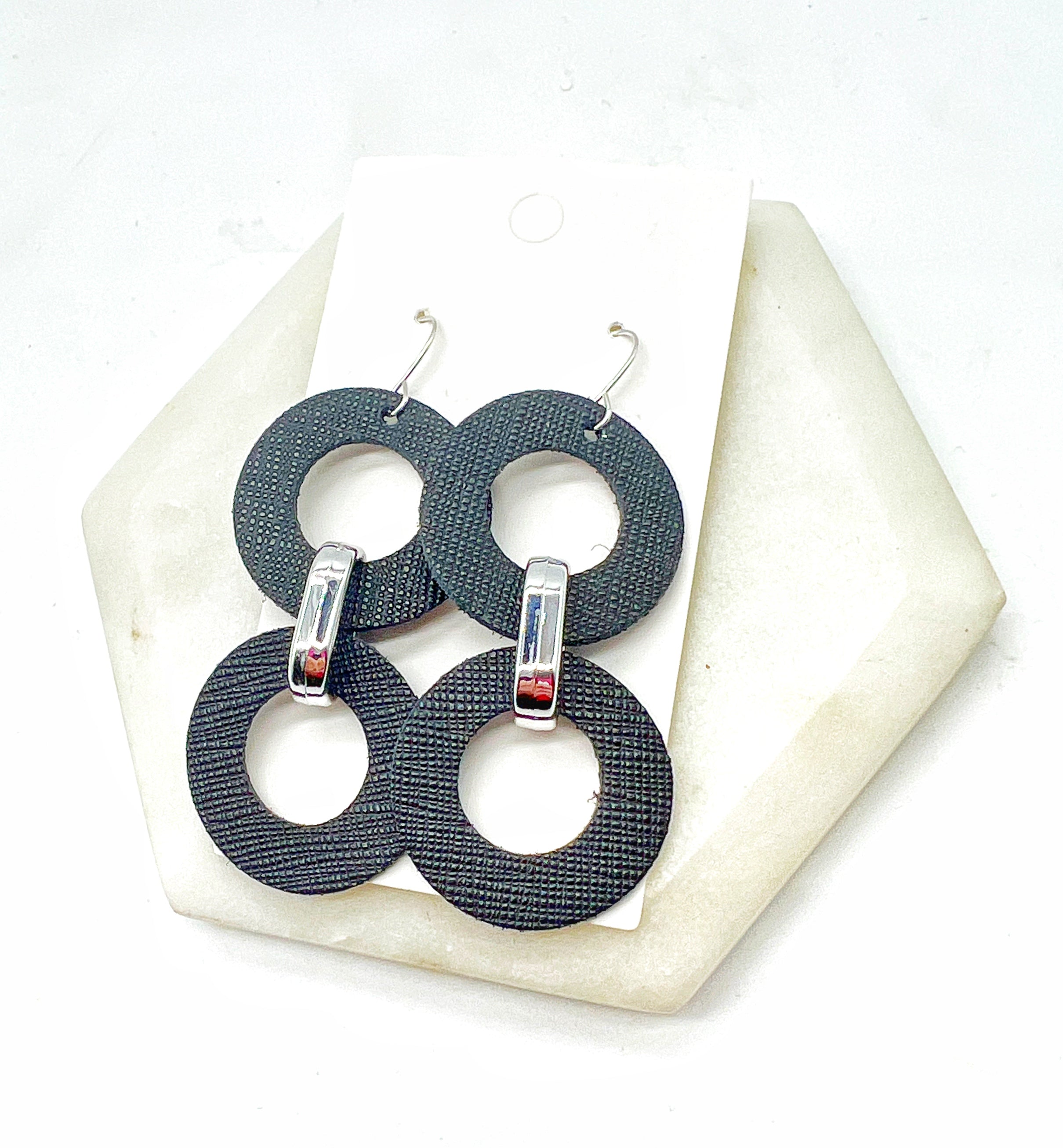 Black Leather Circle Duo Earrings