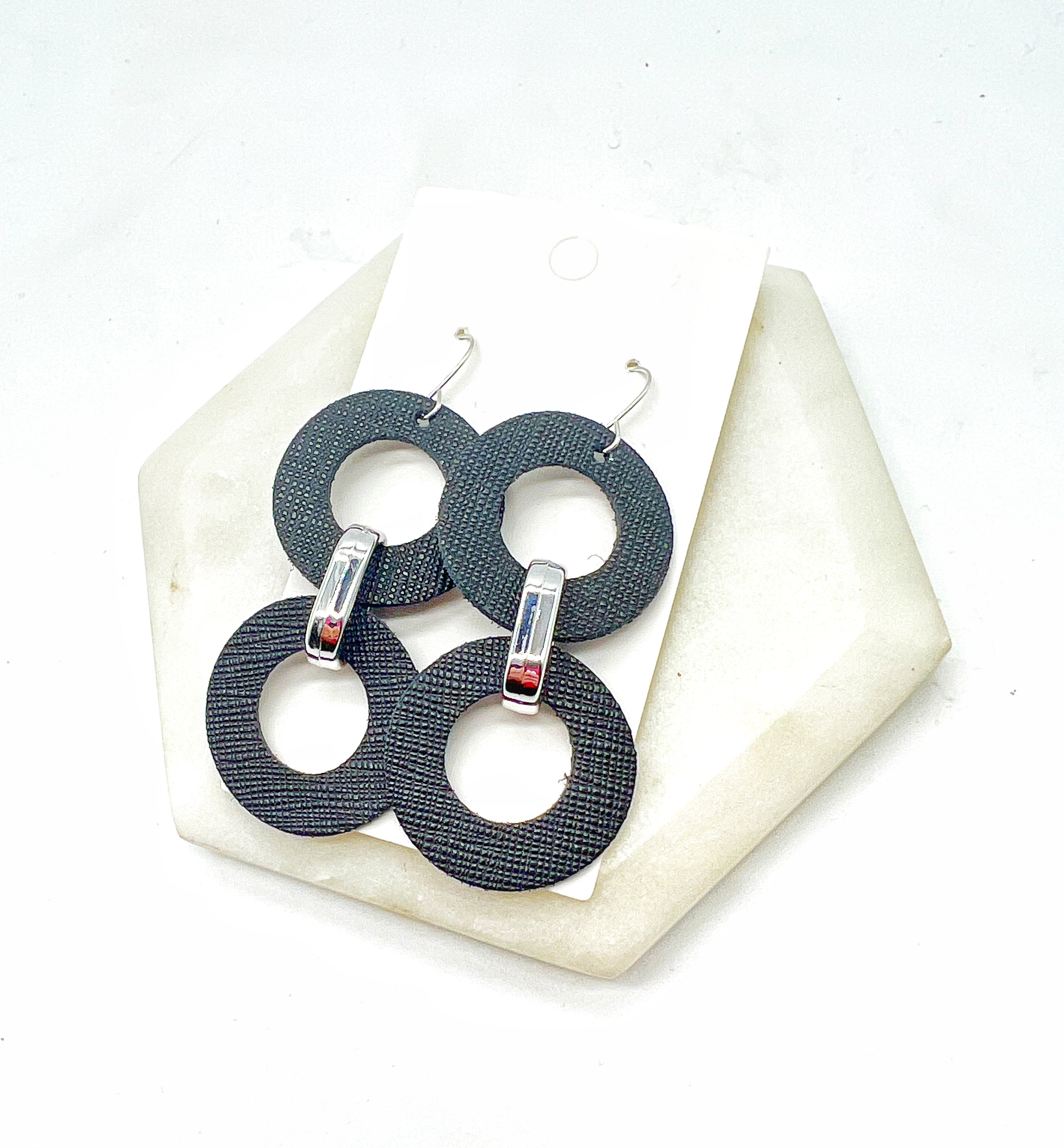 Black Leather Circle Duo Earrings