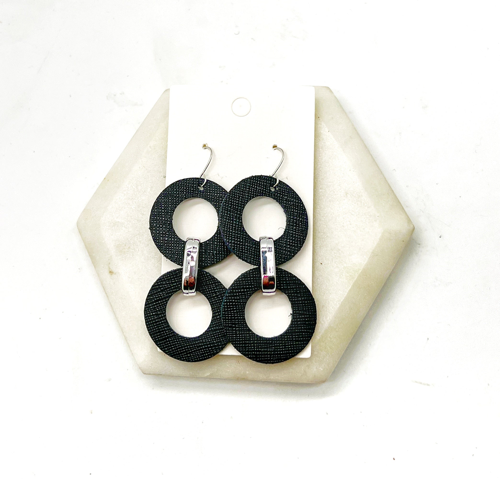 Black Leather Circle Duo Earrings