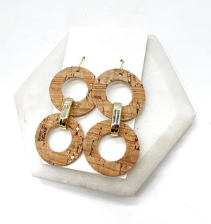 Gold Cork Leather Circle Duo Earrings