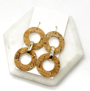 Gold Cork Leather Circle Duo Earrings