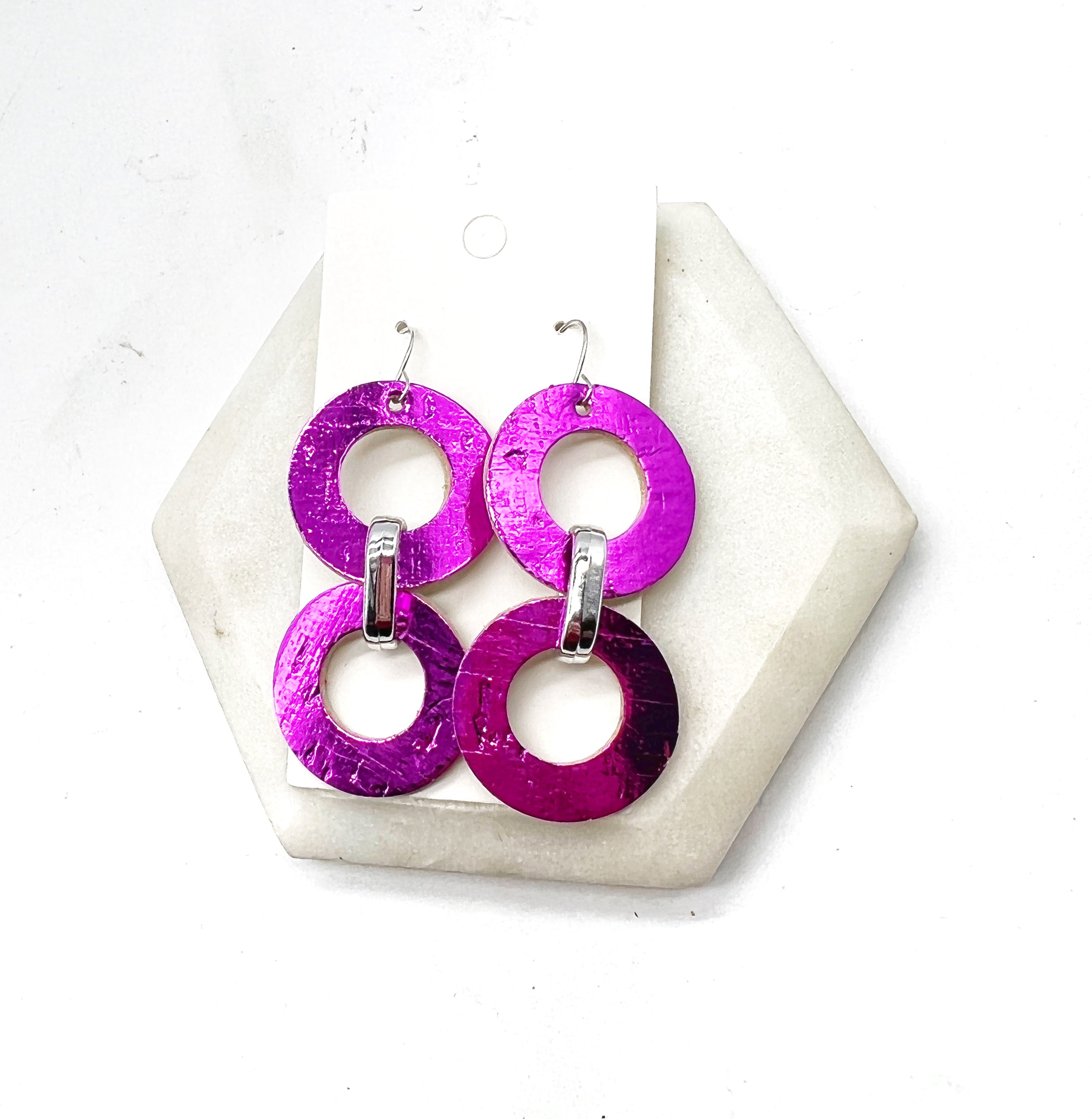 Fuchsia Leather Circle Duo Earrings
