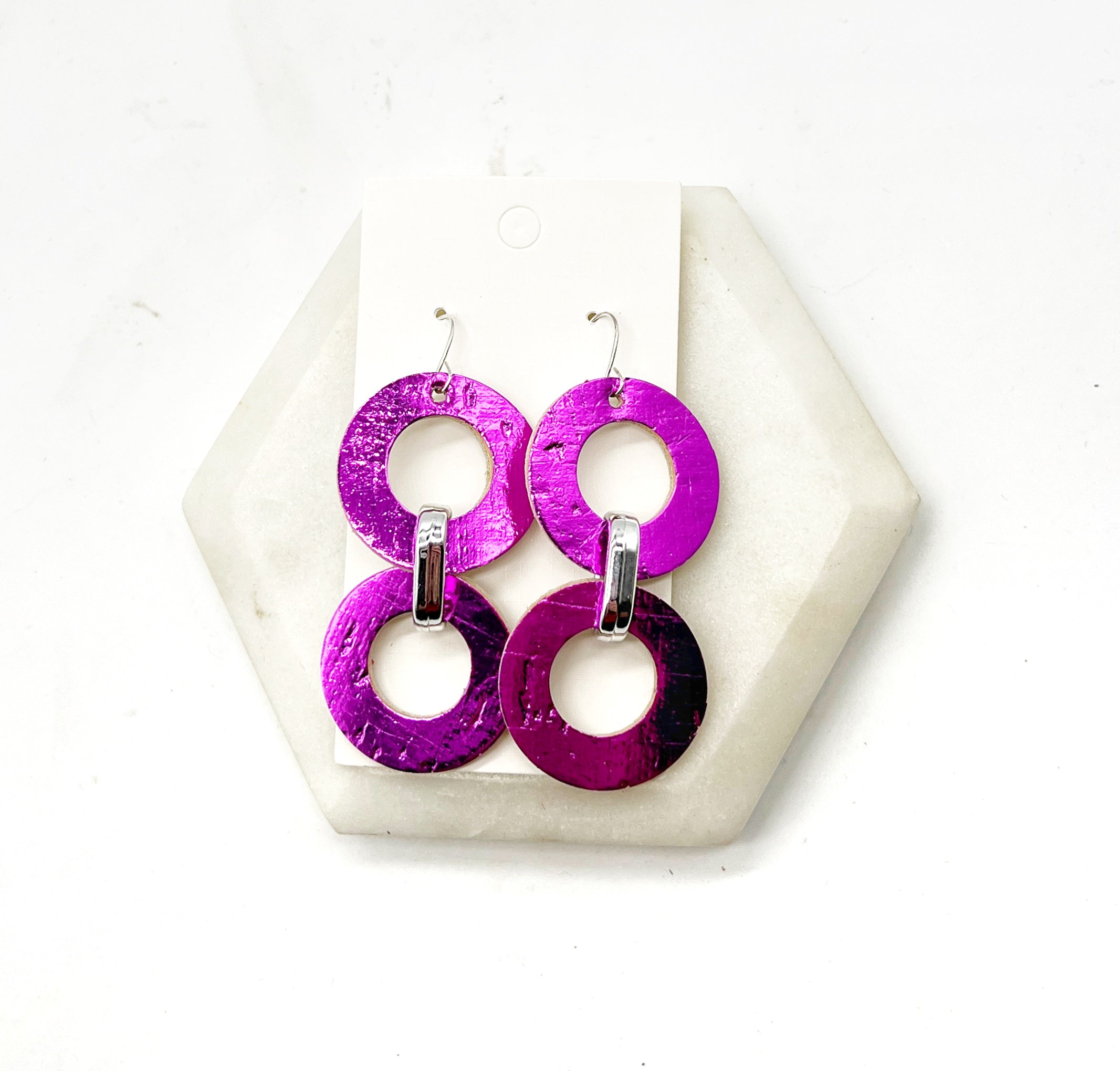 Fuchsia Leather Circle Duo Earrings
