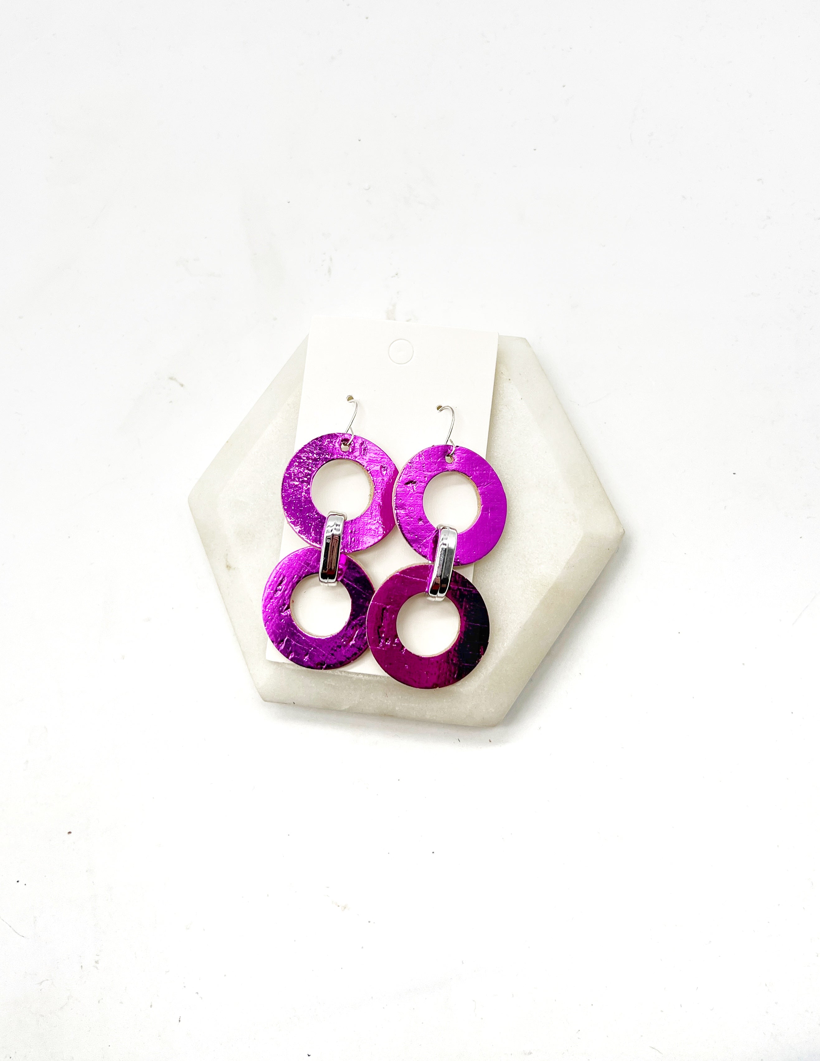 Fuchsia Leather Circle Duo Earrings