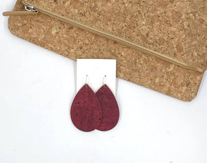 Cranberry Cork Bonded to Leather Teardrop Earrings