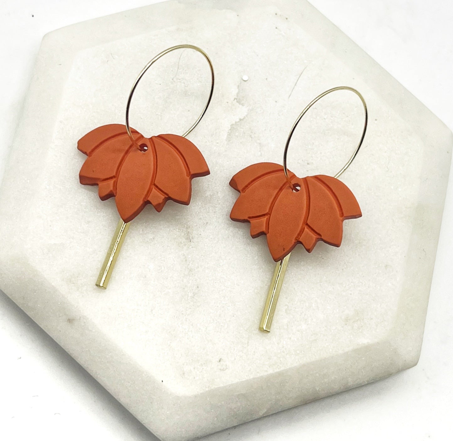 Rust Lotus Acrylic and Gold Earrings