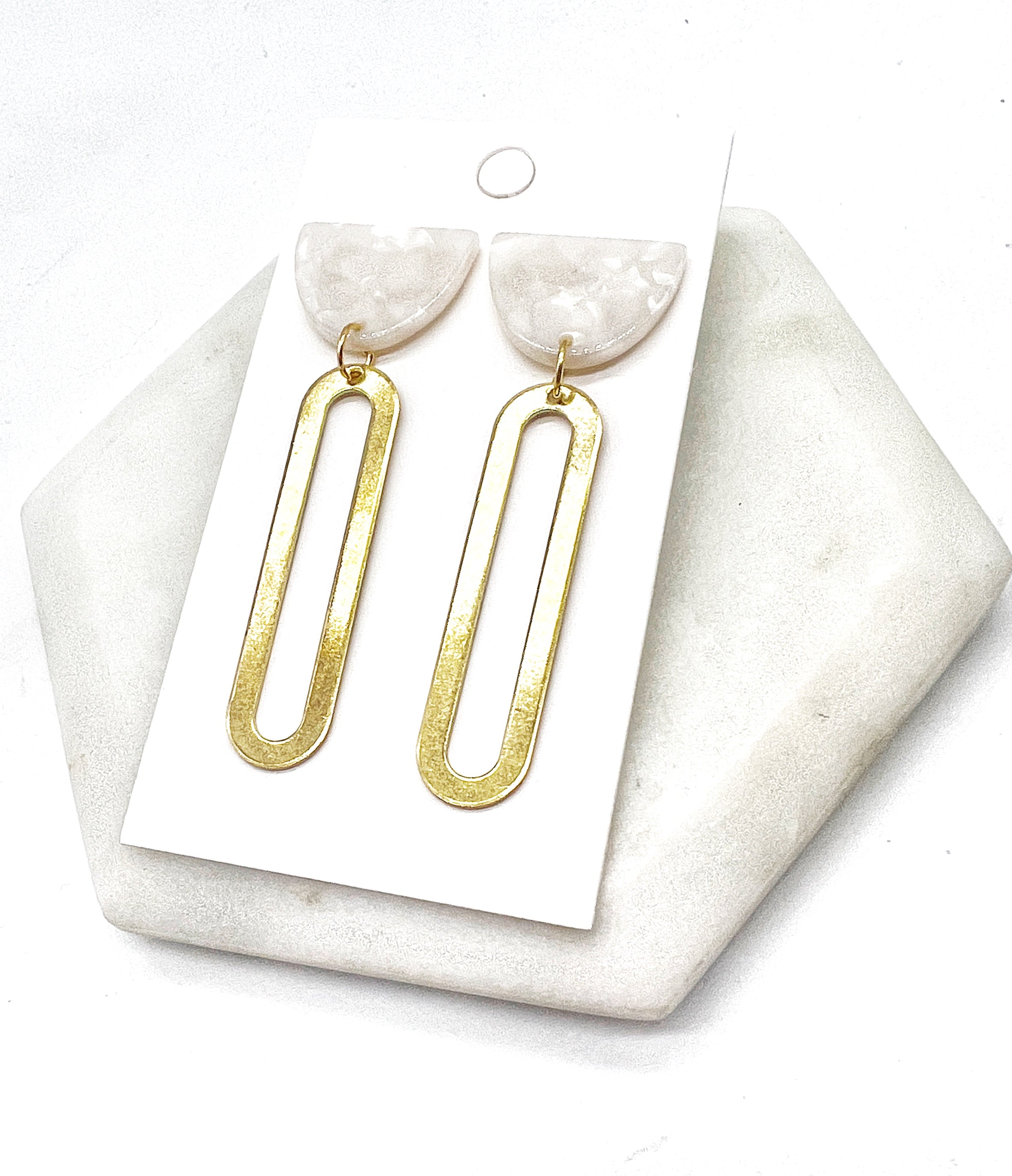 Ivory Gold Oval Long Drop Earrings