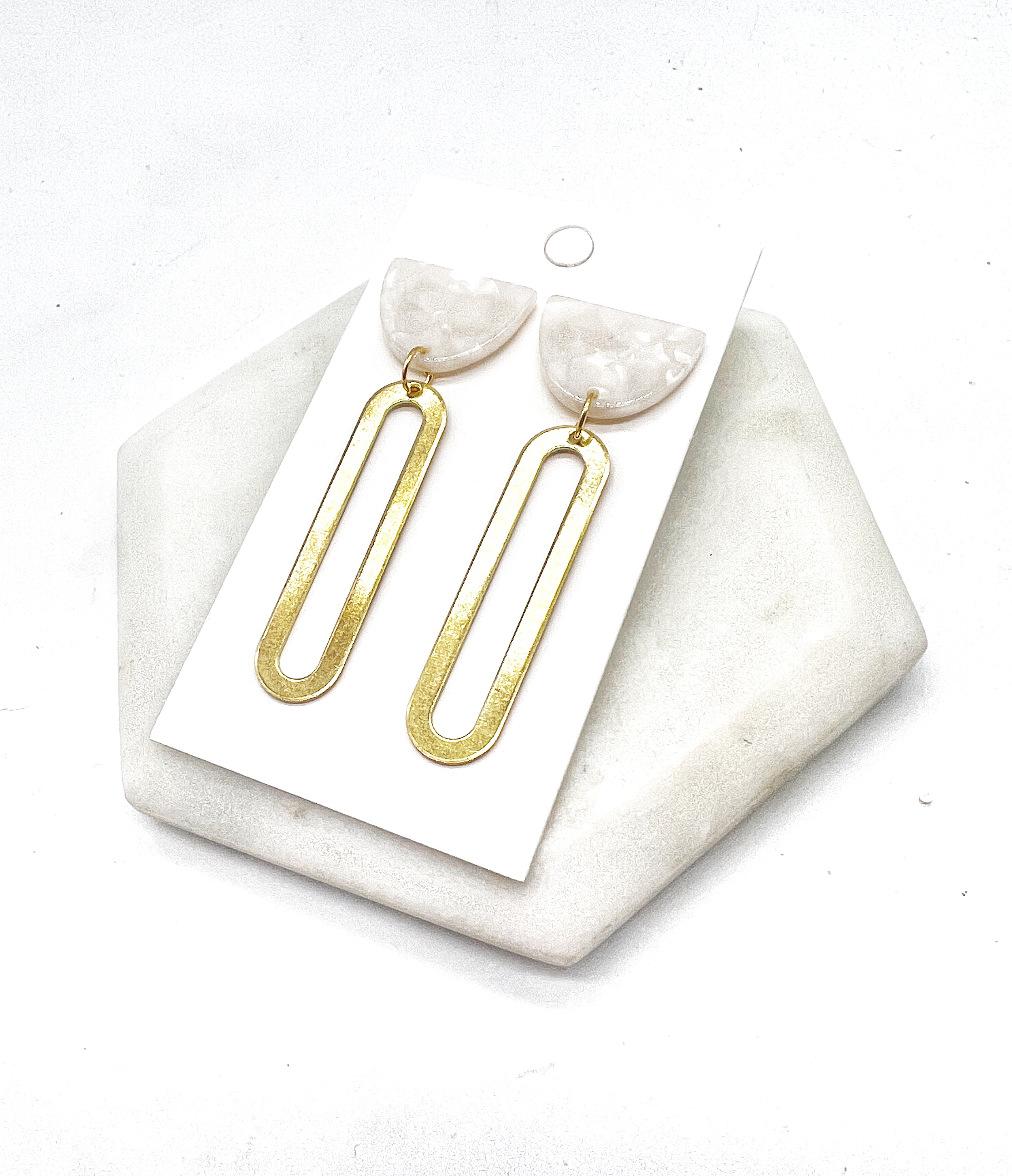 Ivory Gold Oval Long Drop Earrings