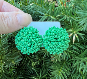 Green Pom Seed Bead Statement Stud