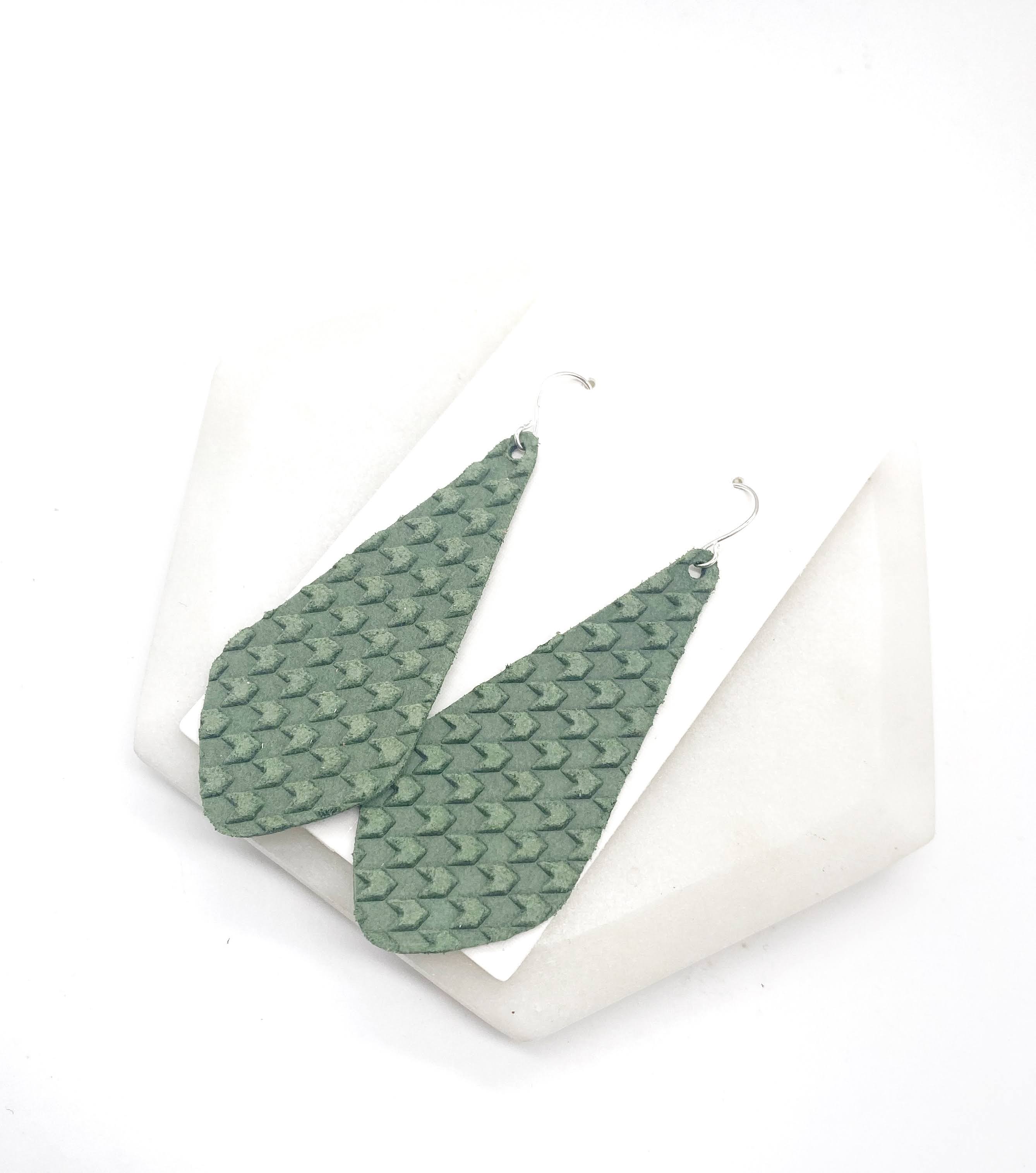 Olive Green Embossed The Em Leather Earrings