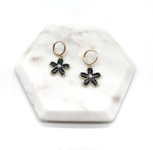 Black Flower Pearl Huggie Hoops