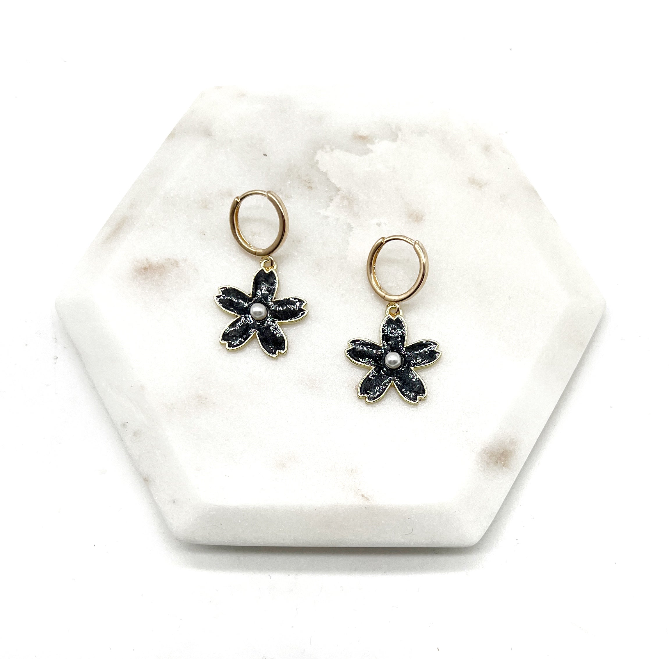 Black Flower Pearl Huggie Hoops