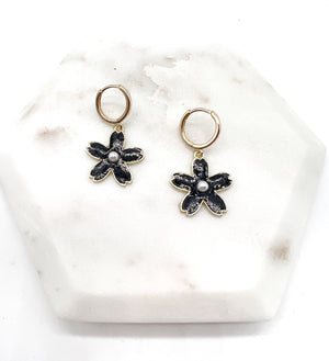 Black Flower Pearl Huggie Hoops