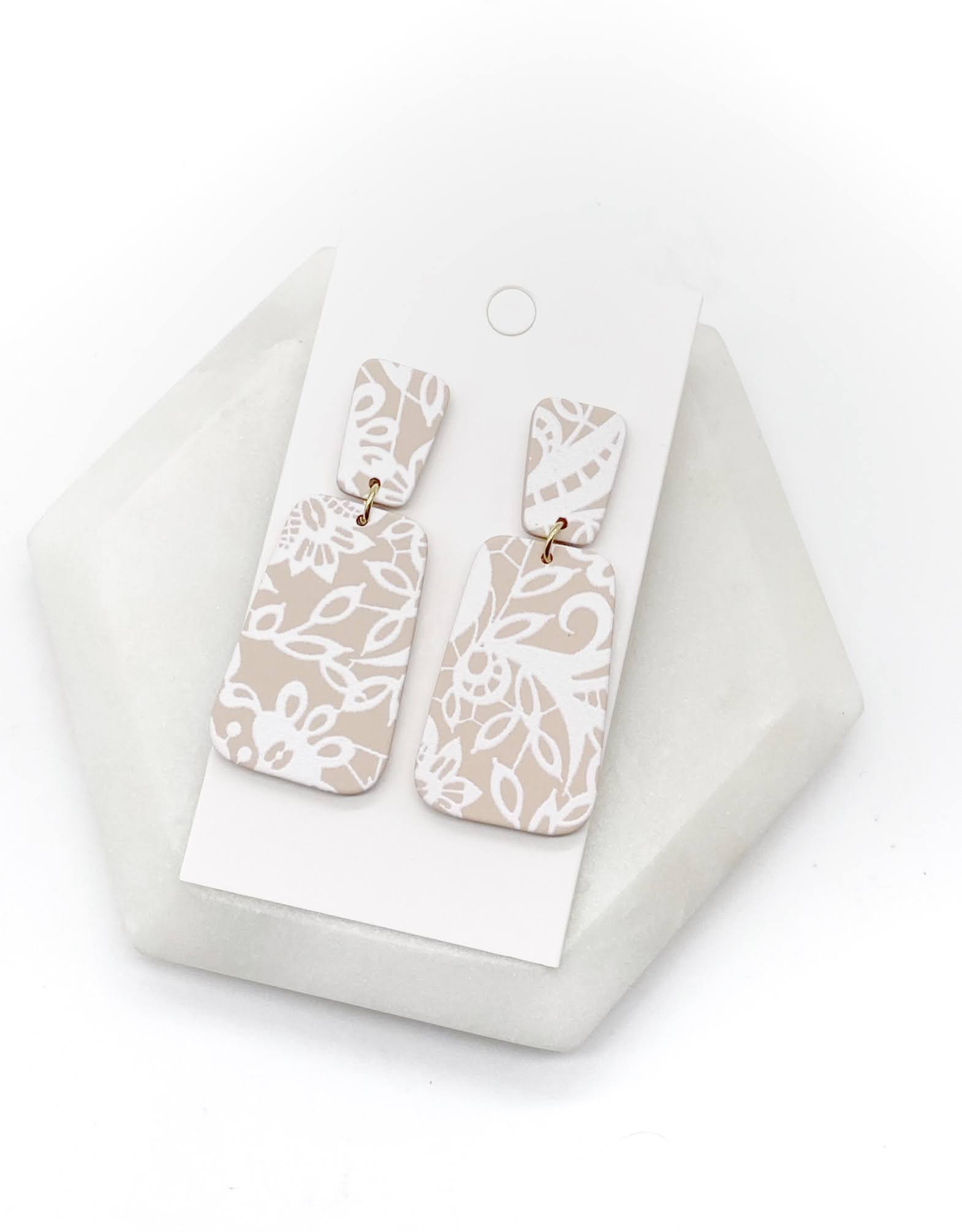Nude and White Lace Acrylic Belle Earrings
