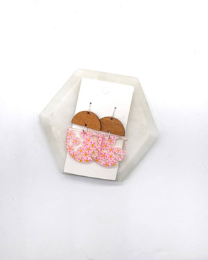 Pink Daisy Acrylic and Wood Deco Earrings