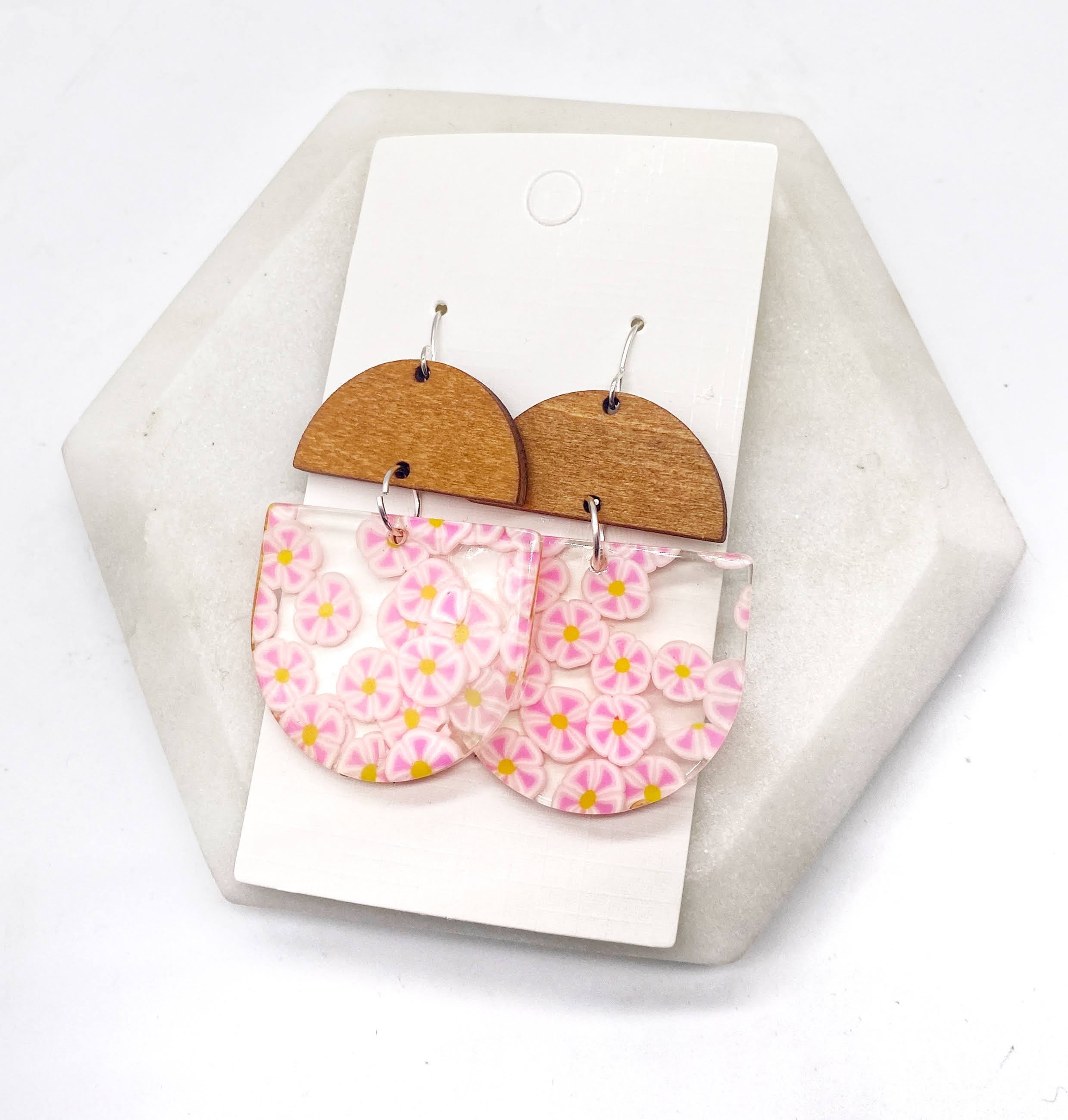 Pink Daisy Acrylic and Wood Deco Earrings