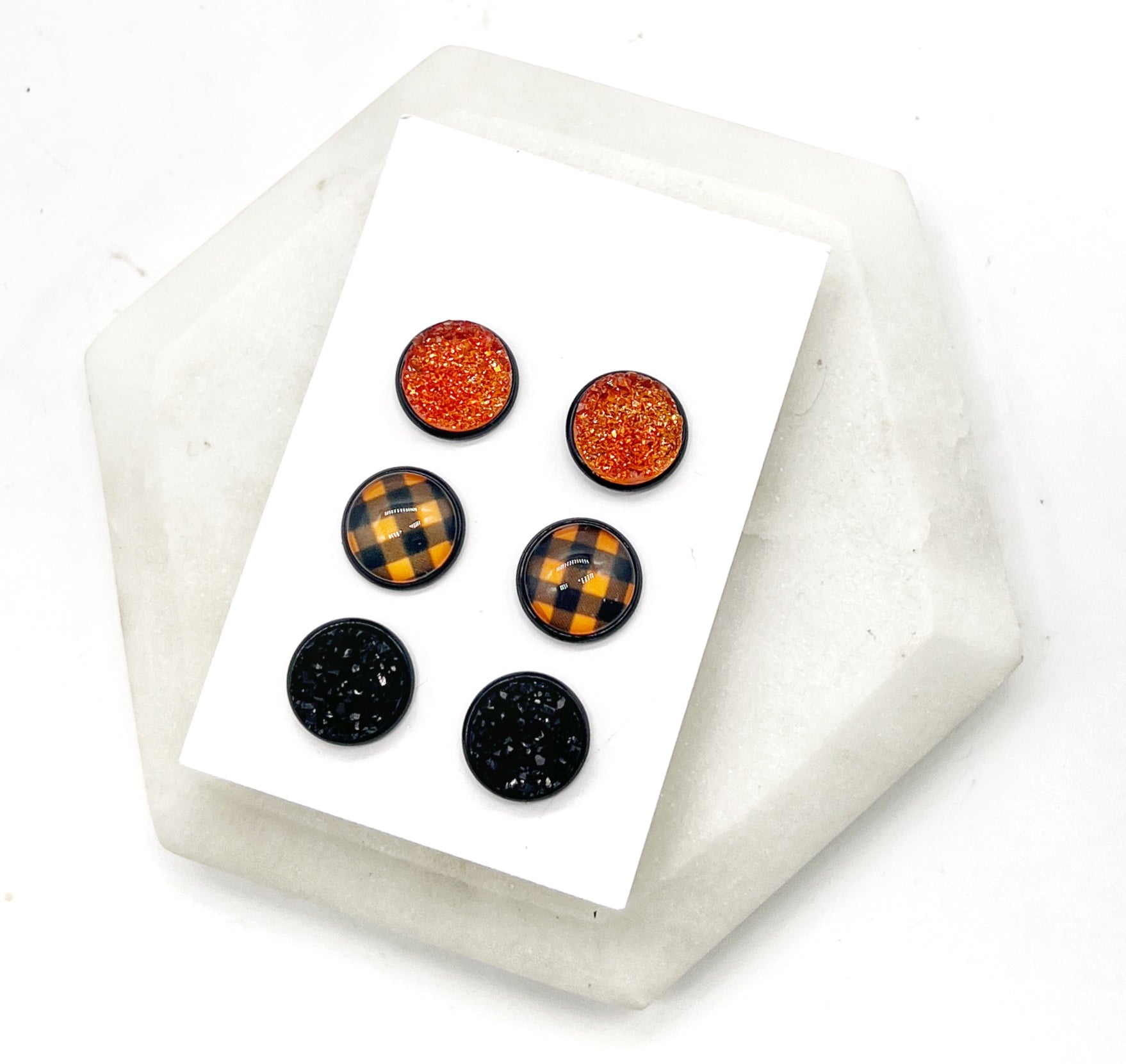 Orange Buffalo Plaid Druzy Earring Trio