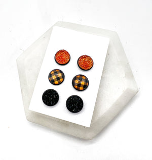 Orange Buffalo Plaid Druzy Earring Trio