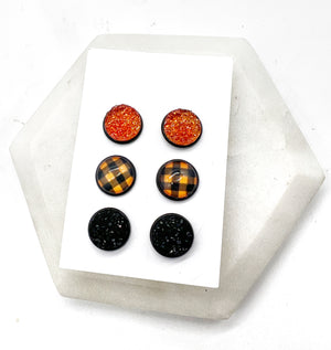 Orange Buffalo Plaid Druzy Earring Trio