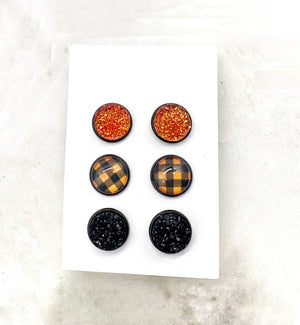 Orange Buffalo Plaid Druzy Earring Trio