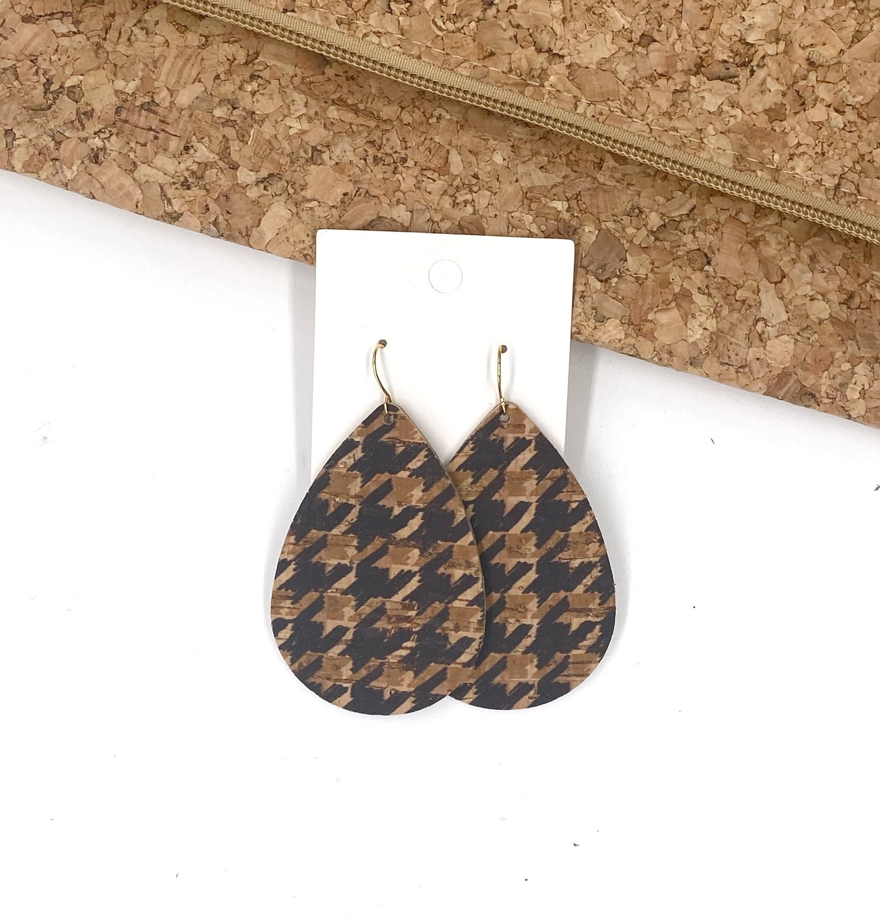 Brown Houndstooth Corkleather Bonded with Leather Teardrop