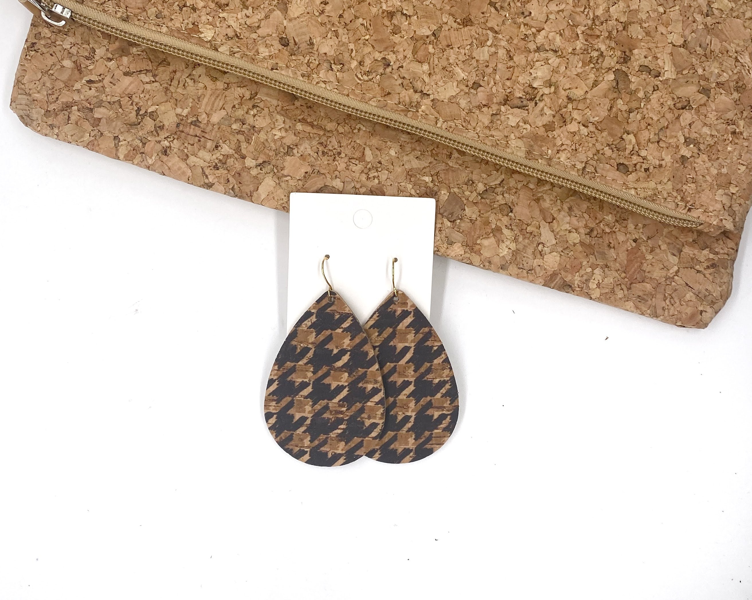 Brown Houndstooth Corkleather Bonded with Leather Teardrop