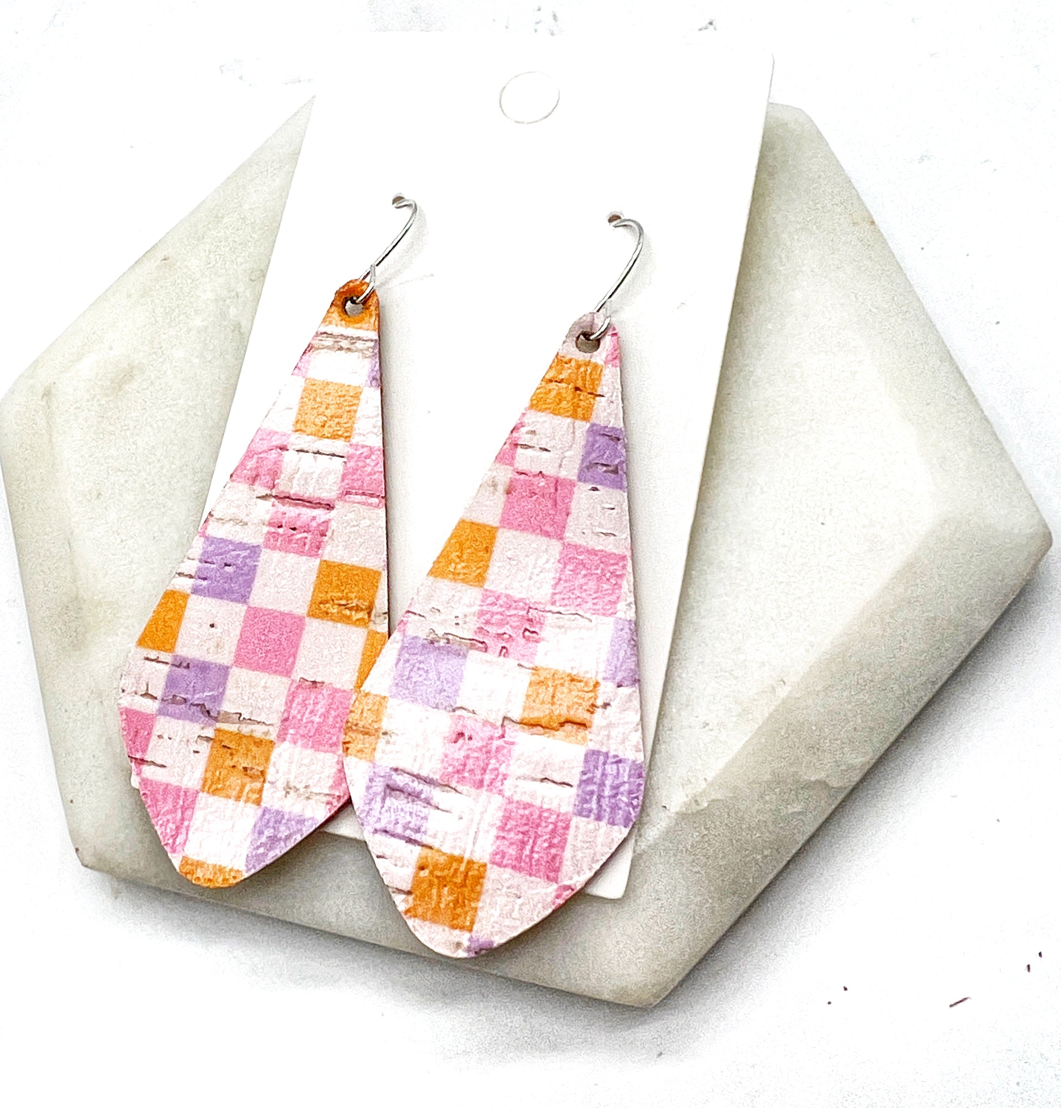 Spring Checkered Em Leather Earrings