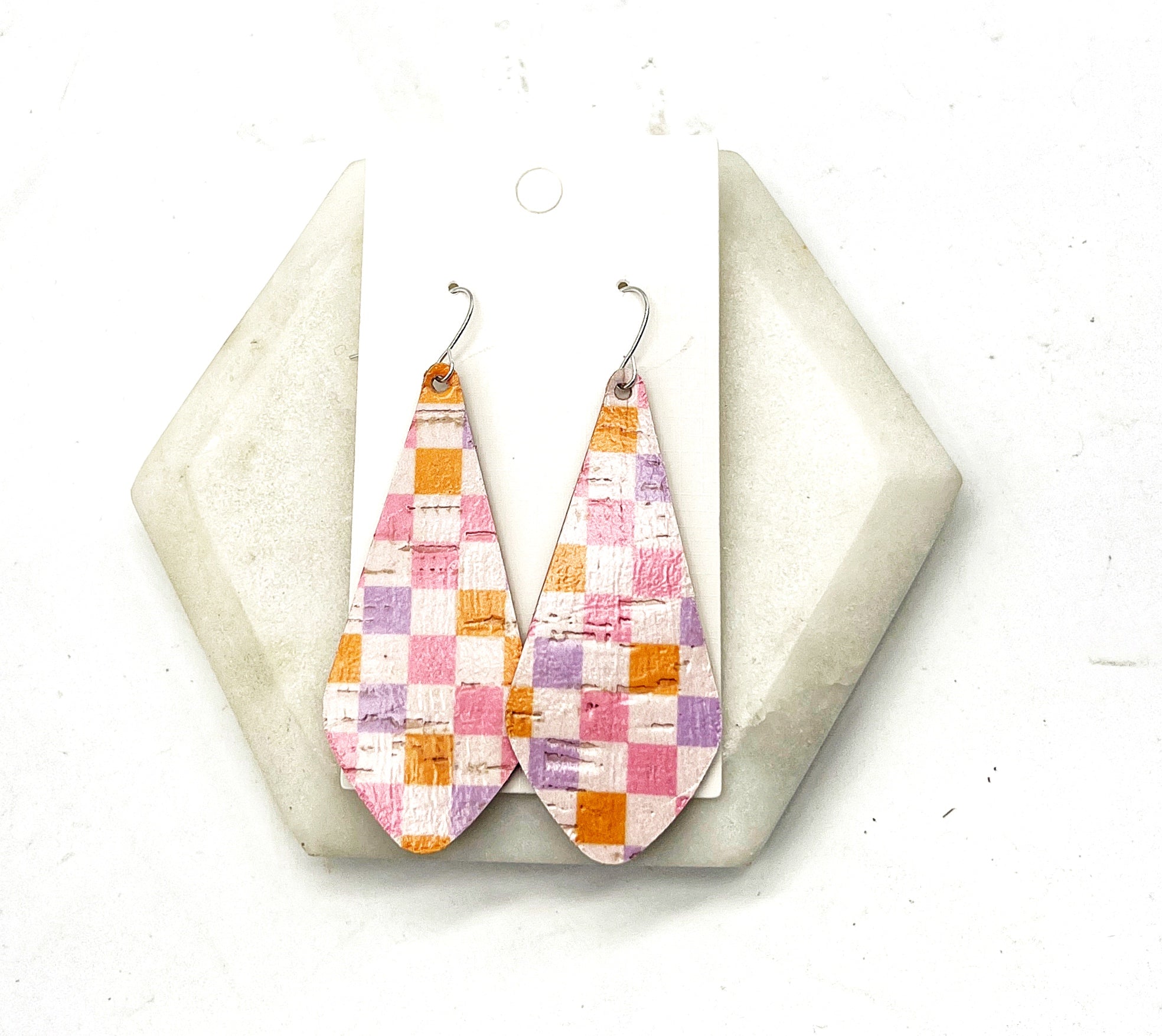 Spring Checkered Em Leather Earrings