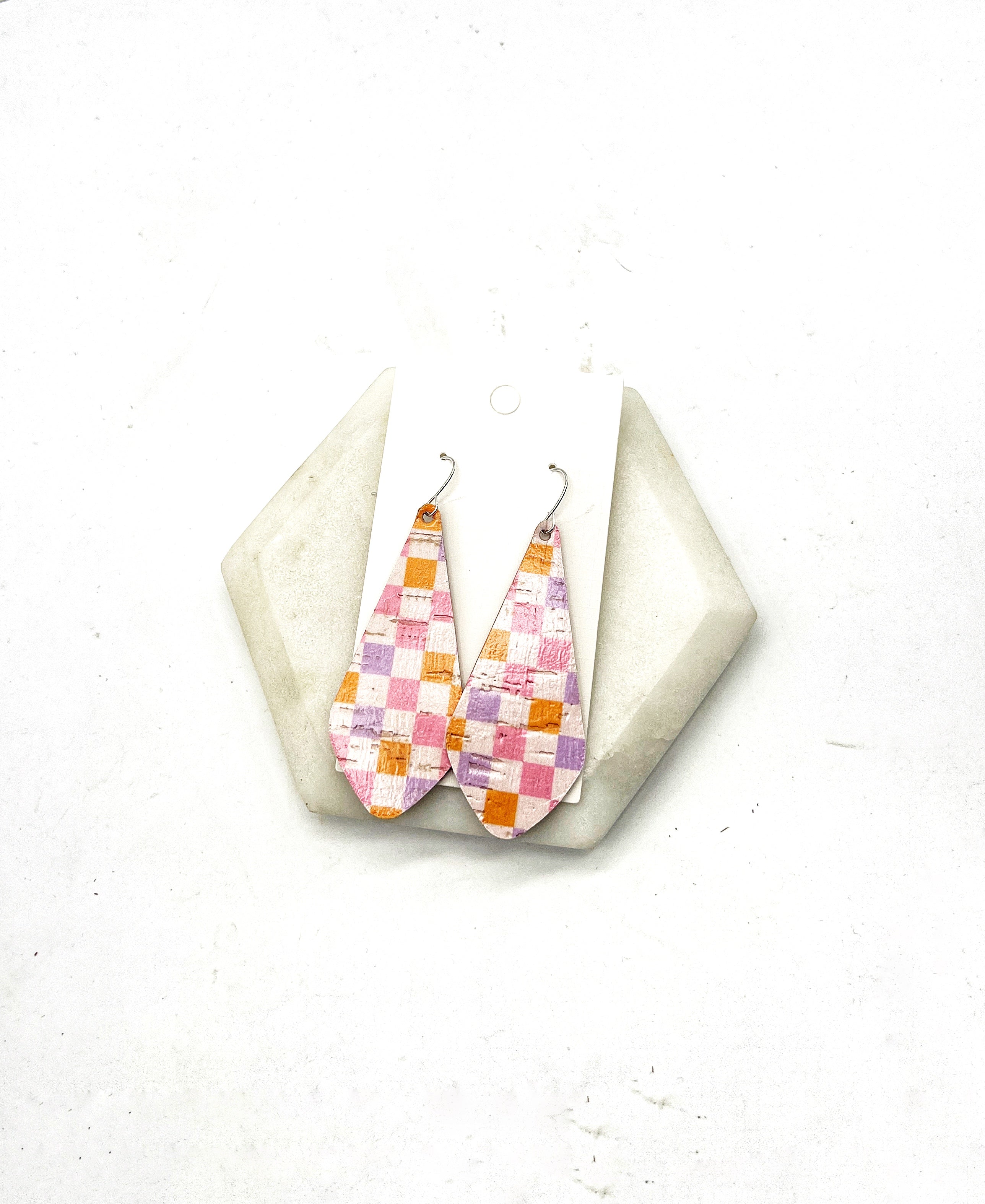 Spring Checkered Em Leather Earrings