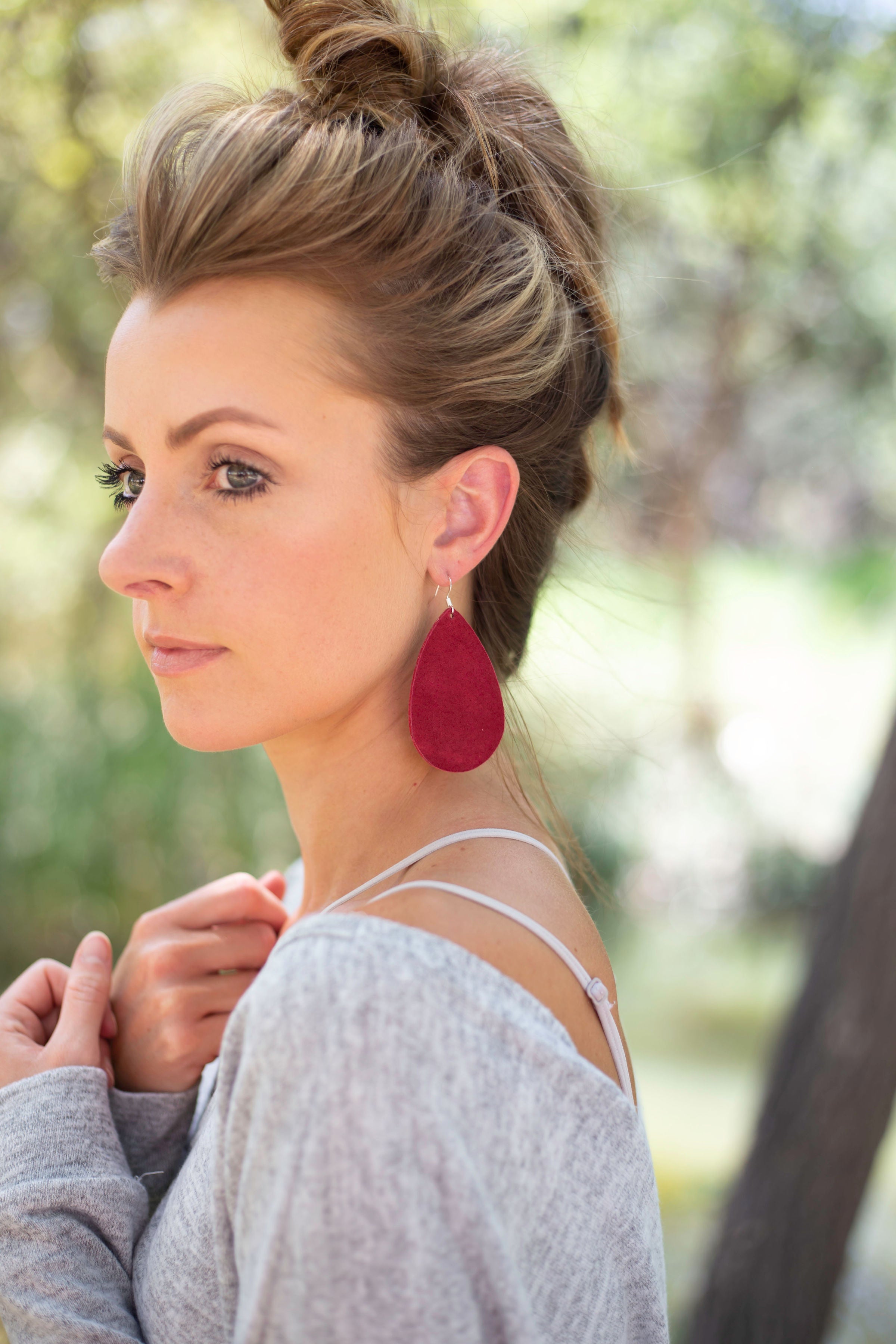 Berry Suede Leather Teardrop Earrings