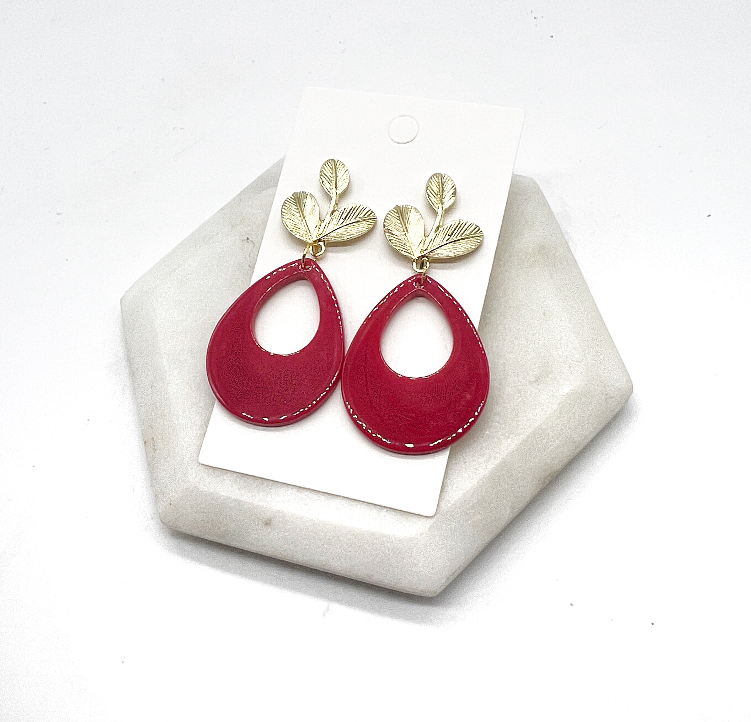 Red and Gold Leaf Teardrop Earrings