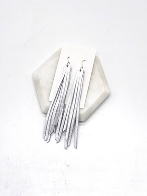 White Long Fringe Leather Earrings
